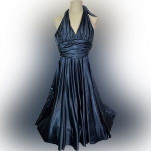 Dark Blue Satin Feel Pinup Halter Dress